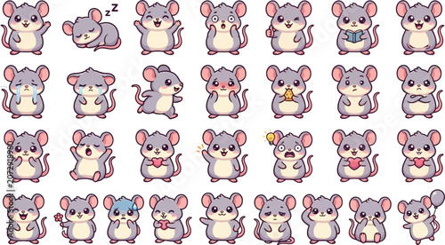 Cute Chibi Rat Mascot Sticker Pack with Kawaii Cartoon Emotions and Adorable Vector Expressions