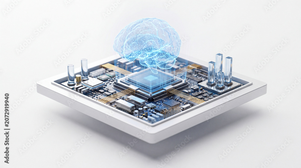 Fototapeta premium Artificial Intelligence Processor with Digital Brain on Advanced Microchip and Semiconductor Circuit Board