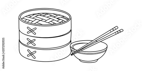 Schilderij op canvas Bamboo steamer basket with dim sum and a bowl with chopsticks for eating asian f
