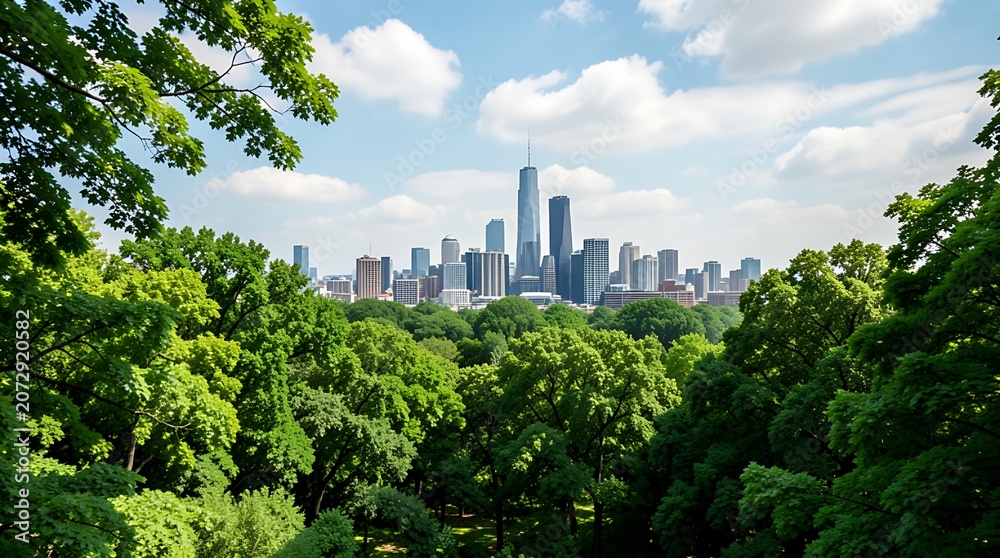 Fototapeta premium Lush Green Foreground Framing a Distant City Skyline Under Clear Sky Landscape View.