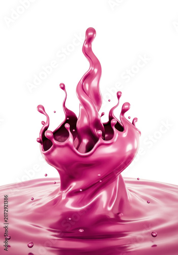A dynamic splash of magenta and pink yogurt-like liquid with droplets frozen in motion on a white background with copy space. Concept for cosmetic or food advertising