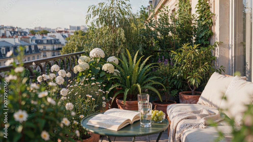 Fototapeta premium Cozy Parisian balcony garden with lush plant, sofa, book, and city view