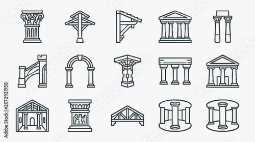 Valokuva Industrial Black and White Line Icons Set of Architectural Elements and Ancient