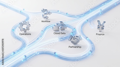A digital shield made of interconnected blue lines and nodes represents Cloud Data, Partnership, Operations, Workforce, and Finance in a futuristic network.