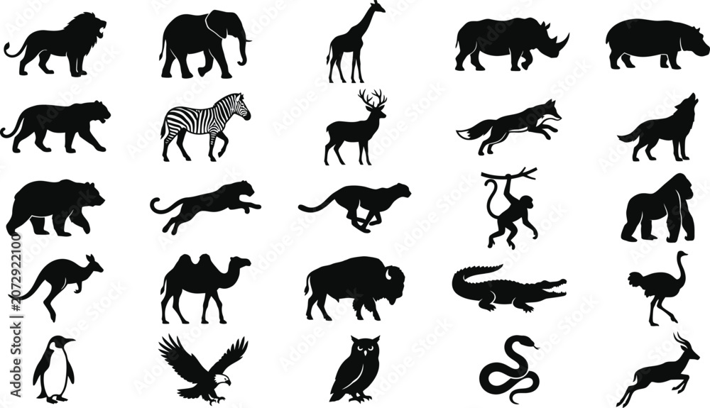 Obraz premium Black and white of various animals, birds, and sea creatures, isolated on white background elephant