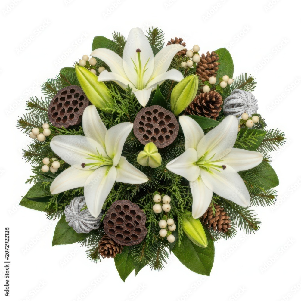 Fototapeta premium Beautiful white lily flower bouquet with green leaves and pine cones isolated on white background