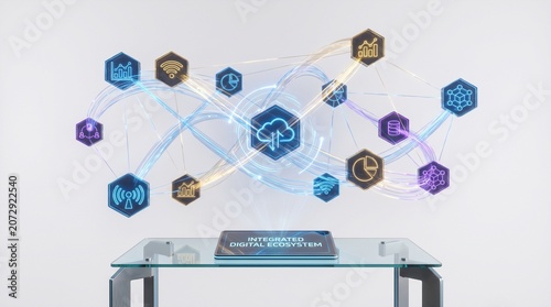 A complex interconnected network of glowing nodes hovers above a glass table in a modern room.