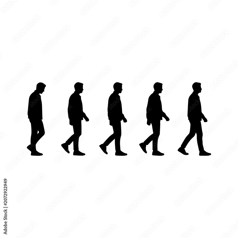 Obraz premium Business people walking, silhouette icons, black, white background, office workers, professionals
