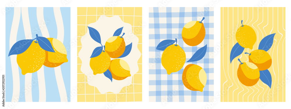 Fototapeta premium Juicy lemons with leaves poster set. Mediterranean illustration.