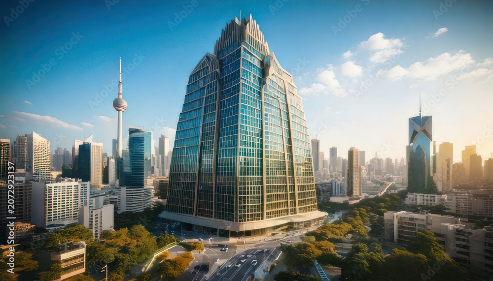 Obraz premium Modern Skyscraper Dominates Cityscape Under Bright Blue Sky.