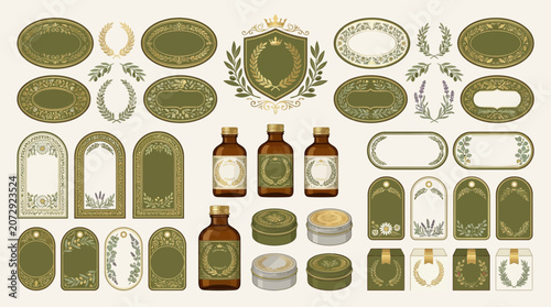 Vintage cosmetic labels, bottles, and boxes with floral and laurel motifs
