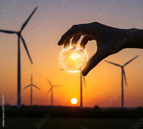 Hand Holding Clean Energy Future Above Wind Turbine Landscape