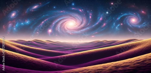 Dreamlike Spiral Galaxy Illuminating a Serene Desert Horizon