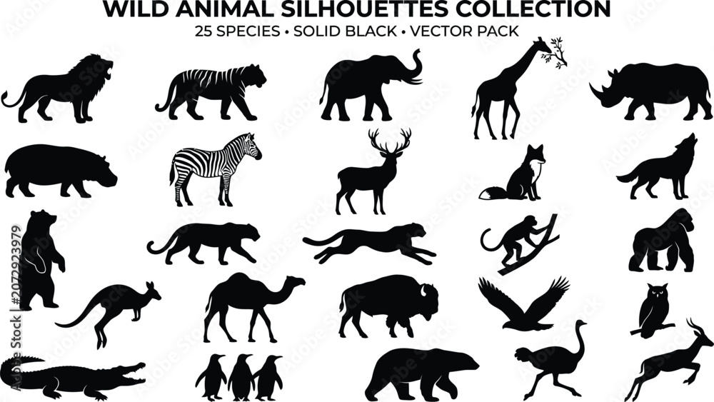 Obraz premium Black silhouette pack of 25 wild animals, including mammals, birds, and reptiles black silhouettes