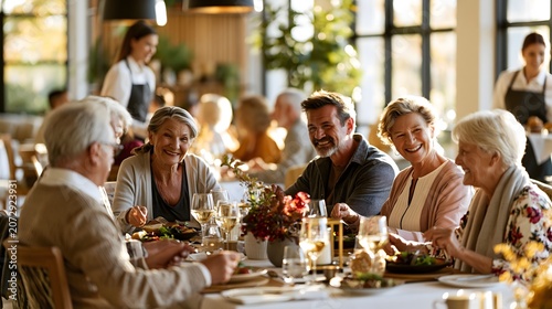 Elegance in Aging: Active Seniors Enjoying Gourmet Lunch and Community in a Sunlit Modern Dining Space