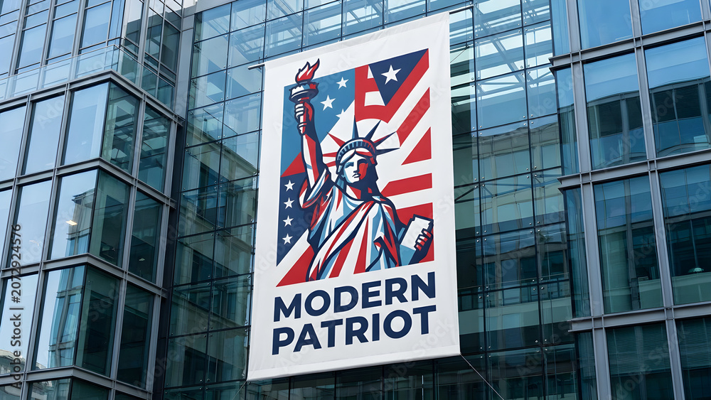 Obraz premium Flag Banner of Modern Patriotism Hanging on Urban Building Facade