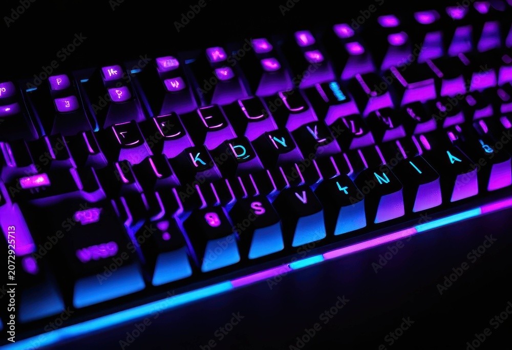 Fototapeta premium Gaming keyboard with vibrant purple and blue RGB backlighting glowing in the dark