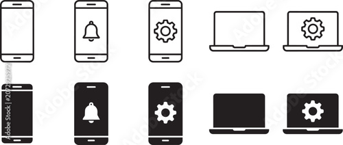 Vector Icon Set of Mobile Phones and Laptops with Settings and Notification Symbols