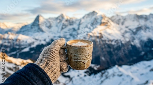 Hand in Knit Mitten Holding Coffee Mug with Snowy Mountain