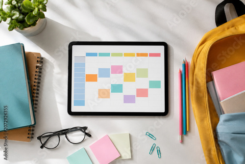 Digital tablet with a colorful weekly schedule planner on a desk with school supplies.