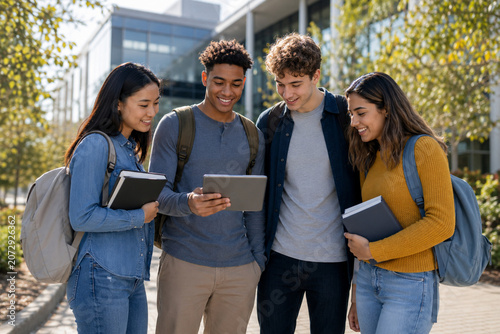 Group of diverse university students looking at a tablet together on a sunny campus.