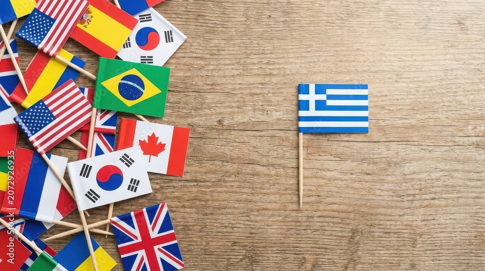 Obraz premium A small greek flag on a toothpick standing alone on a wooden surface next to a pile of other international flags