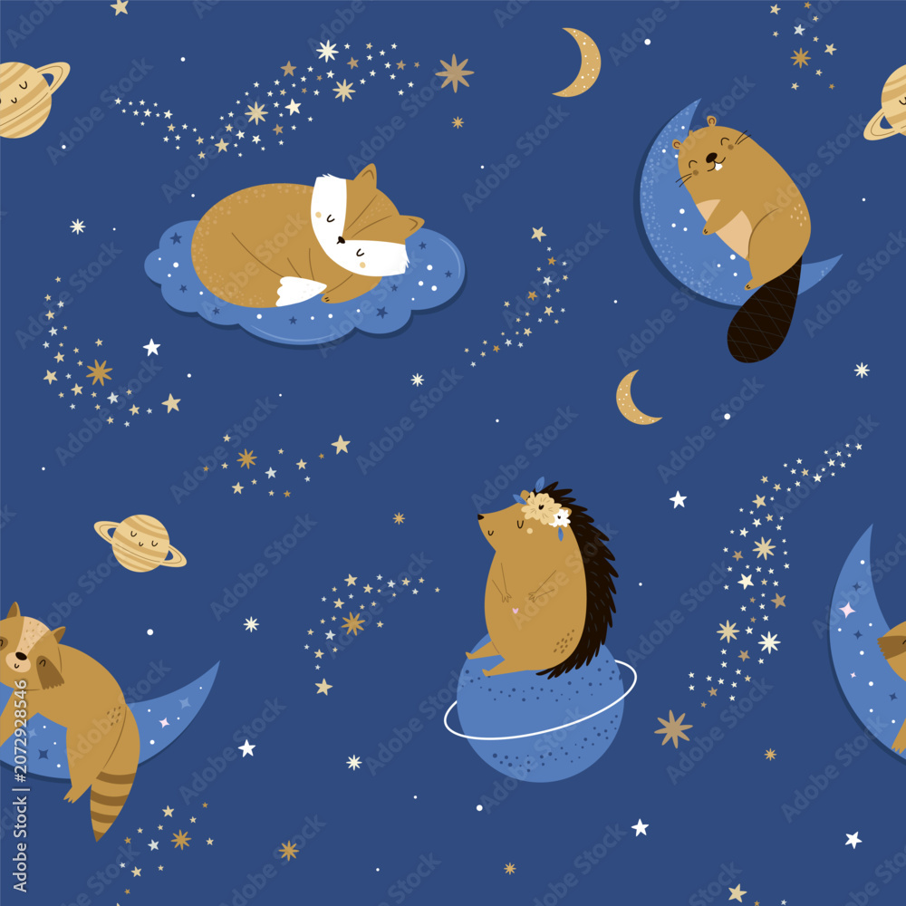 Fototapeta premium Seamless pattern with cute animals sleeping on moons and clouds in starry night sky