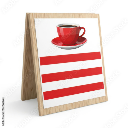 A red coffee cup on a sidewalk sandwich board sign with red stripes for a cafe advertisement in front of a shop