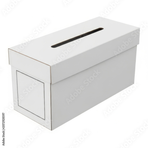White cardboard ballot box for voting or donation with a slot on top for collecting paper slips or feedback forms