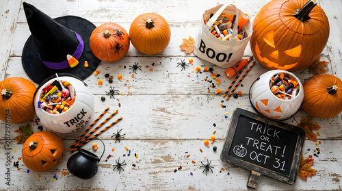 Halloween Decorations Isolated on White Background with Trick or Treat Text on a Transparent on a