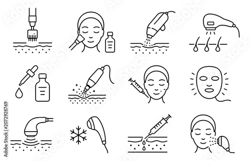Aesthetic Treatment Line Art Icon Set with Microneedling, Laser and Skincare Procedure Symbols