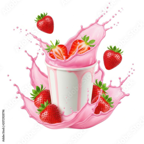 Fresh red strawberries falling into a glass of pink milk or creamy yogurt with a large splashing effect and liquid motion