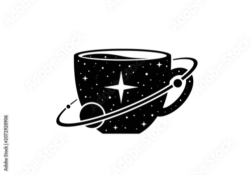Cosmic coffee cup with stars and orbiting planet