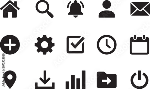 Set of basic ui icons for website and mobile applications, including home, search, settings, and user profile