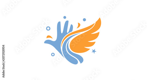 Creative hand dove bird logo with orange wing.
