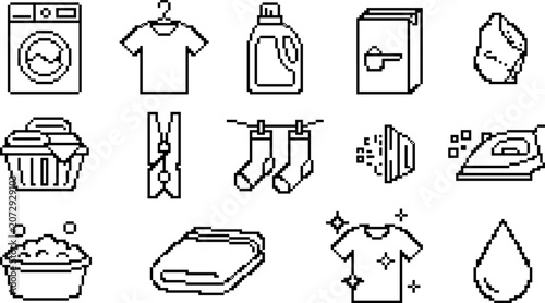 Laundry and cleaning service pixel icon set featuring washing machine, detergent, iron, clothespin, folded clothes, and fabric care essentials