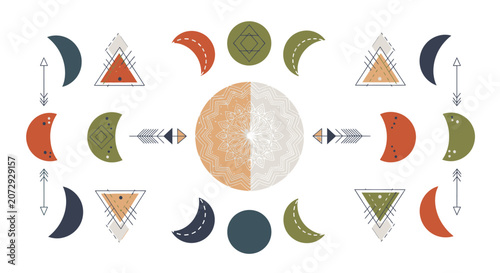 Celestial Phases Abstract Design with Moon and Geometric Elements