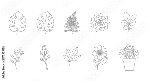 Botanical Line Art Collection: Leaves, Flowers, Plants, Potted Plant