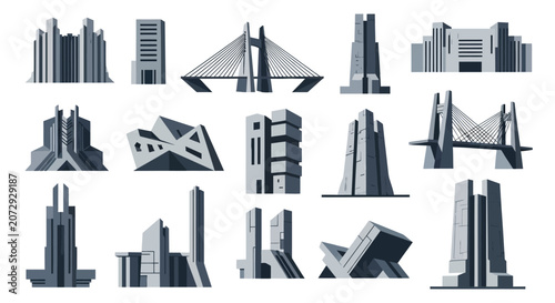 Collection of stylized modern abstract architectural structures and bridges