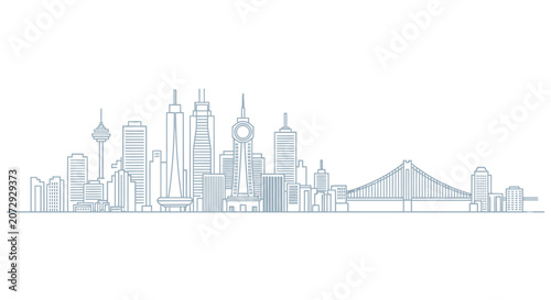 Modern City Skyline Outline Drawing with Bridge and Tower