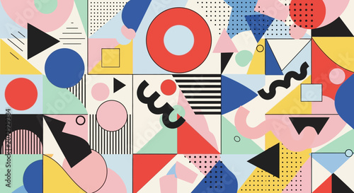 Retro Geometric Pattern with Memphis Style Shapes and Colors