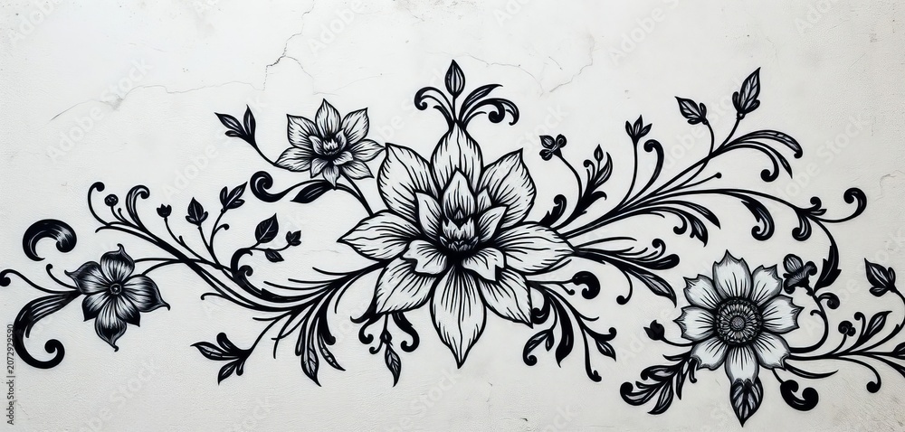Fototapeta premium Intricate black ink floral design on textured wall, art, wall