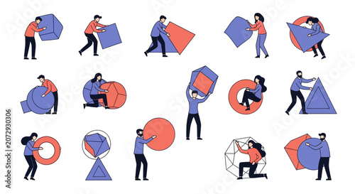 Teamwork concept: people interacting with abstract geometric shapes