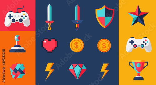 Retro Video Game Icons: Joystick & Controller with Icons
