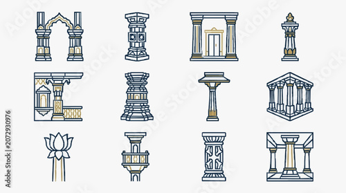 Εκτύπωση καμβά Dynamic Collection of Monochromatic Architectural Icons Featuring Classic Column