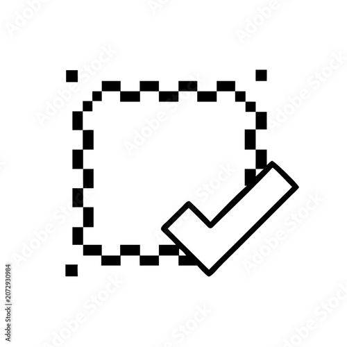 Crop selection pixelated border with checkmark vector icon.