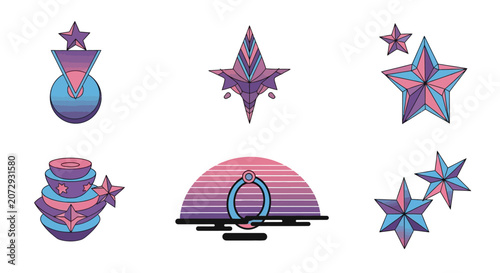 Retro Star Icons & Geometric Shapes, Synthwave Aesthetic