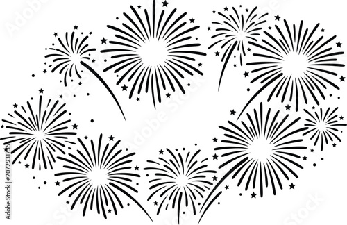 Fireworks silhouette pattern on a white background featuring radiating bursts and scattered star shaped sparkles burst celebration commemoration commemorative congratulations decoration design