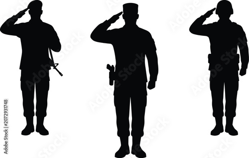 Soldier silhouettes saluting with military gear against a white background a graphic representation army personnel figures shape gesture armed forces defense silhouette