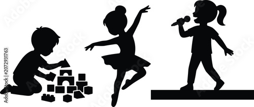 Fotografía Creative children silhouettes playing, dancing, and singing activities for educa